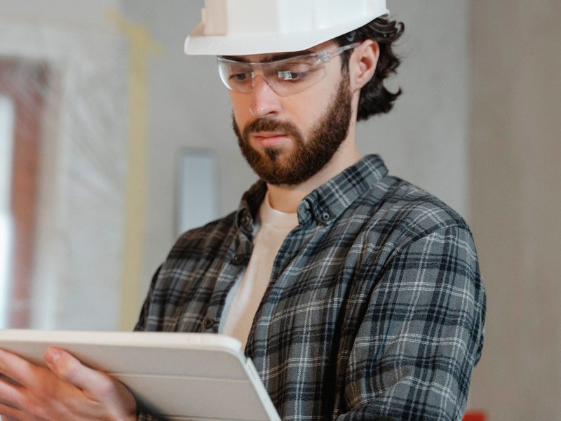 Arquitecto en una obra pidiendo presupuesto a Zafracom a través de su tablet